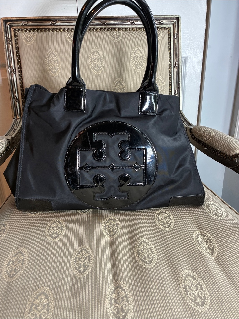Tory Burch Black Nylon Tote with Glossy Patent Logo and Handles
